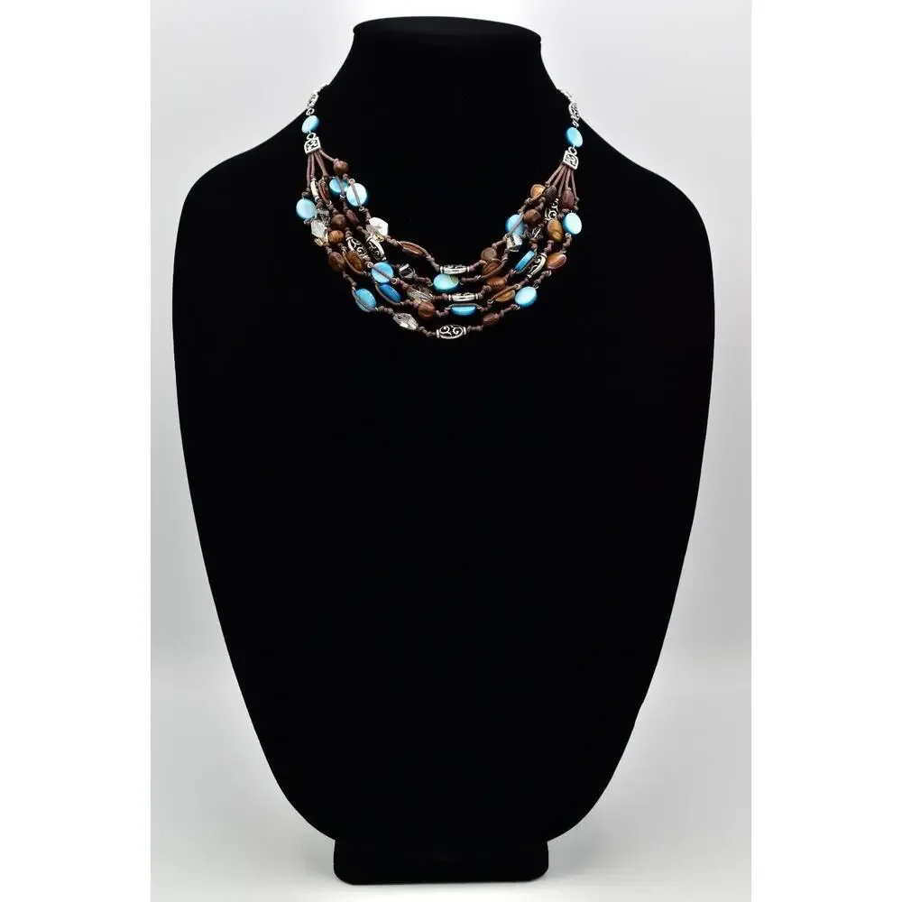 Brighton Blue Shell Beaded Collar Necklace Silver Crystal Wood Layered BinBJ